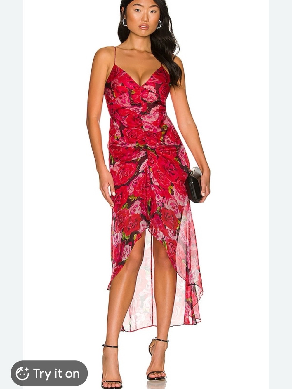 Sau Lee Saulee Sofia Dress  Red & Pink Floral Print Satin Midi‎ Size 0 silk